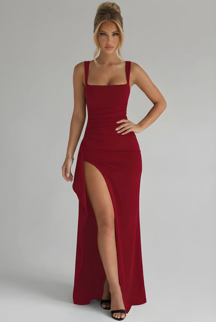 Women's Elegant Maxi Dress with Leg Split and Open Back