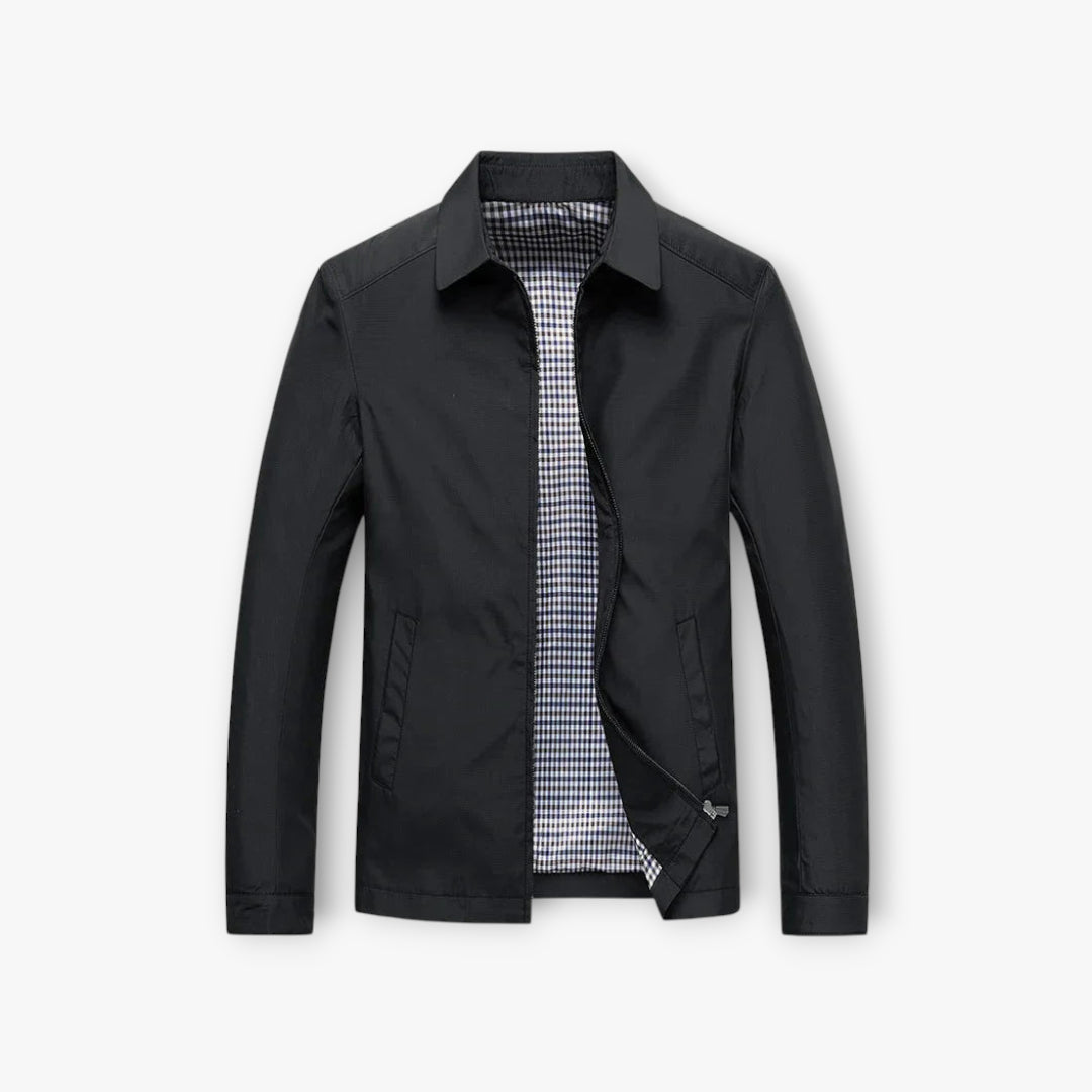 Black jacket with a checkered shirt underneath on a white background