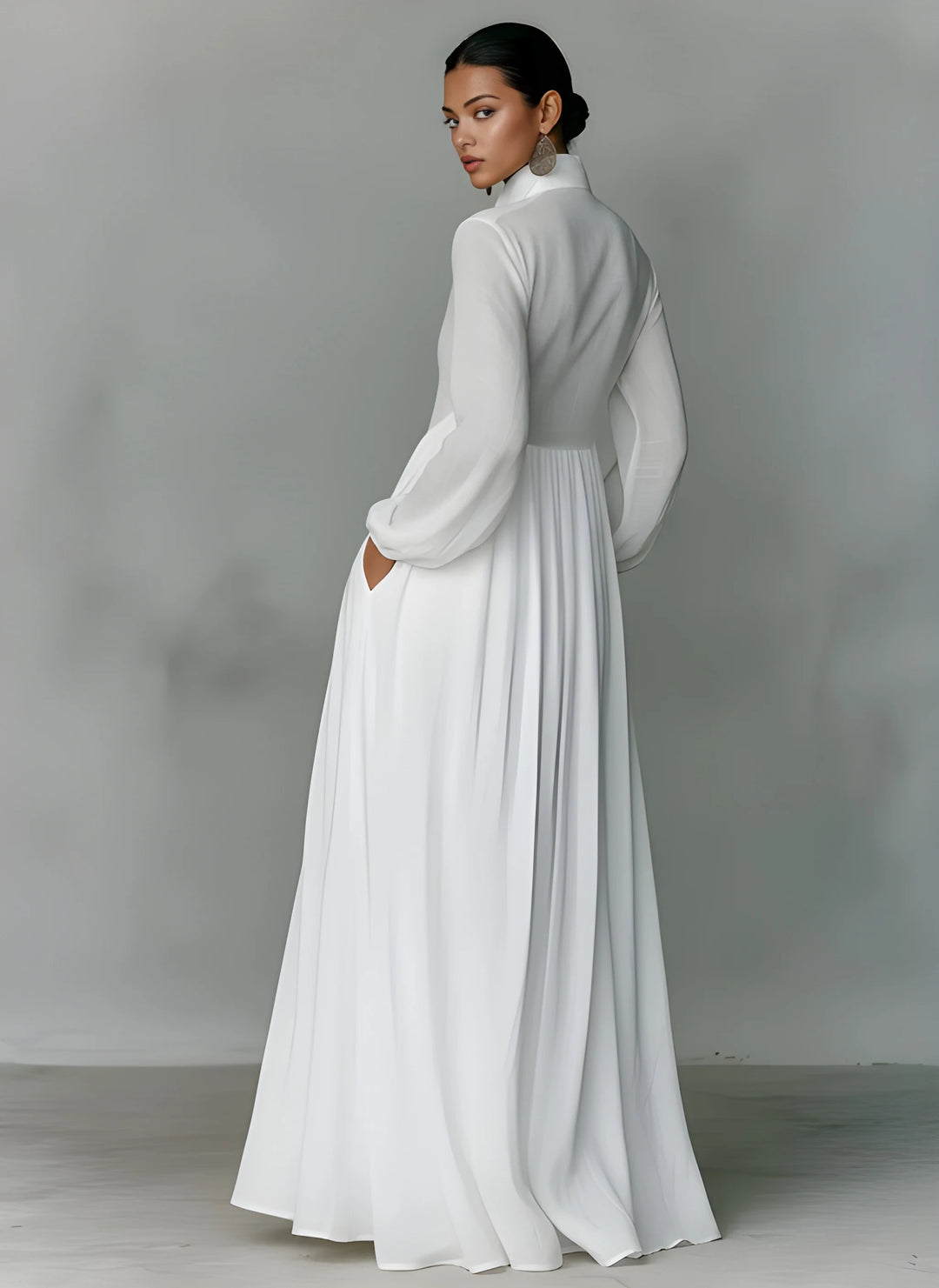 Women's Elegant Maxi Dress with Stand Collar and Long Sleeves