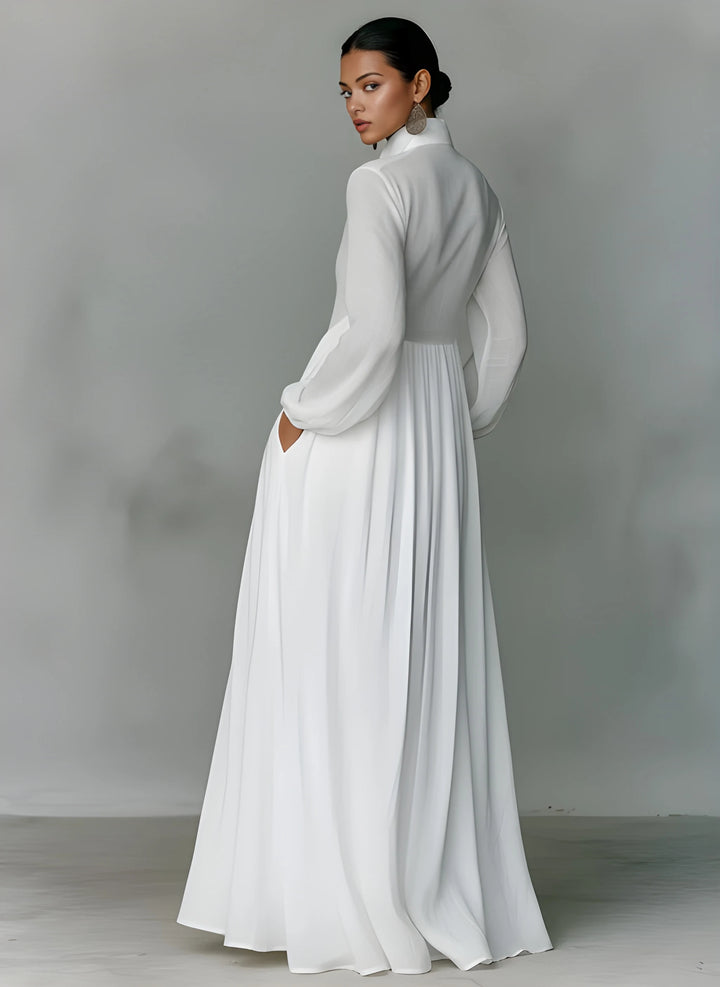 Women's Elegant Maxi Dress with Stand Collar and Long Sleeves
