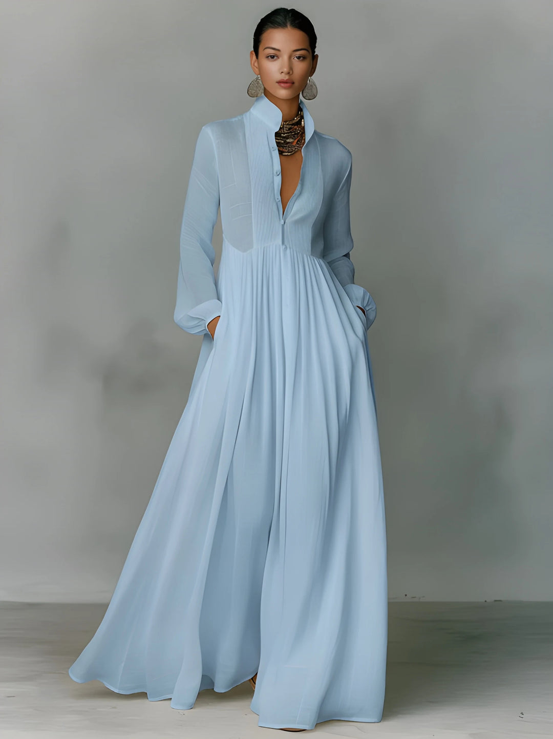 Women's Elegant Maxi Dress with Stand Collar and Long Sleeves