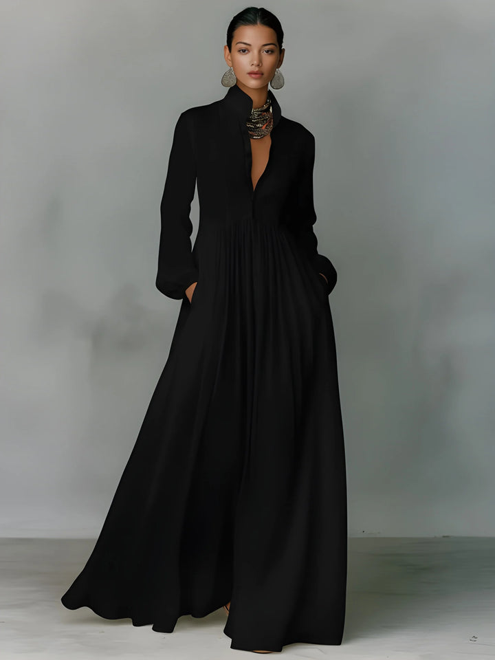 Women's Elegant Maxi Dress with Stand Collar and Long Sleeves