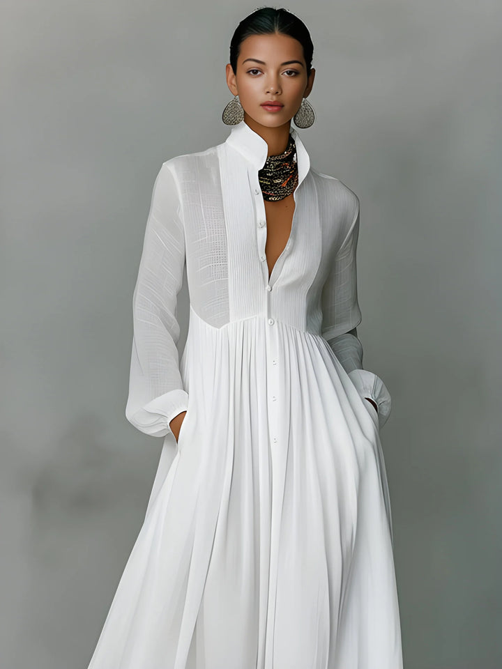 Women's Elegant Maxi Dress with Stand Collar and Long Sleeves