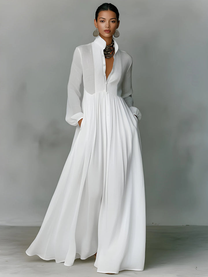 Women's Elegant Maxi Dress with Stand Collar and Long Sleeves