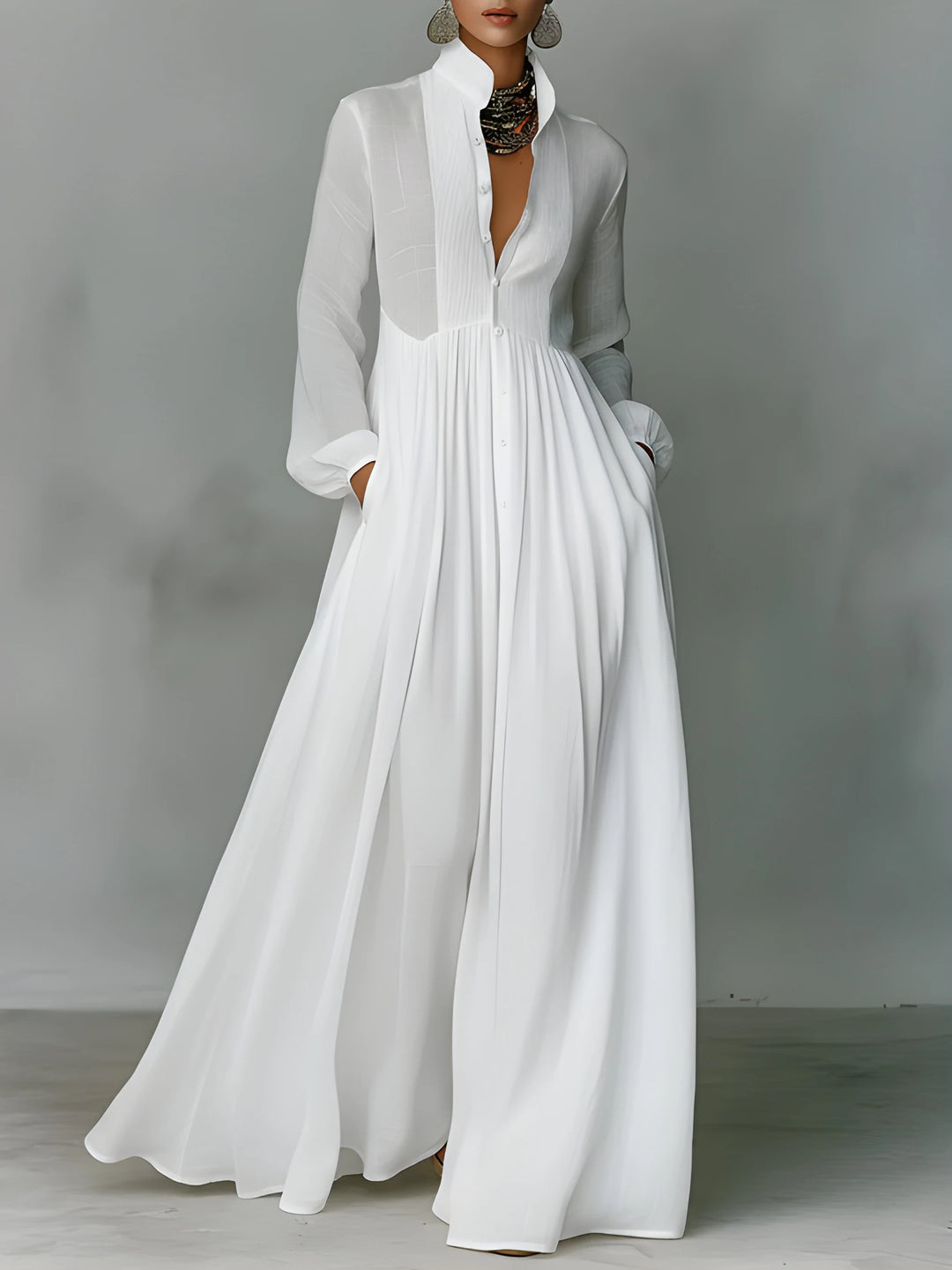 Women's Elegant Maxi Dress with Stand Collar and Long Sleeves