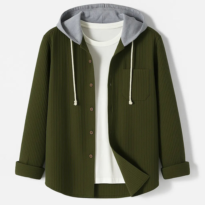 Ribbed Hoodie with Button Closure and Chest Pocket