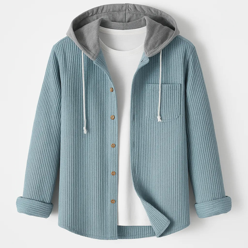 Ribbed Hoodie with Button Closure and Chest Pocket
