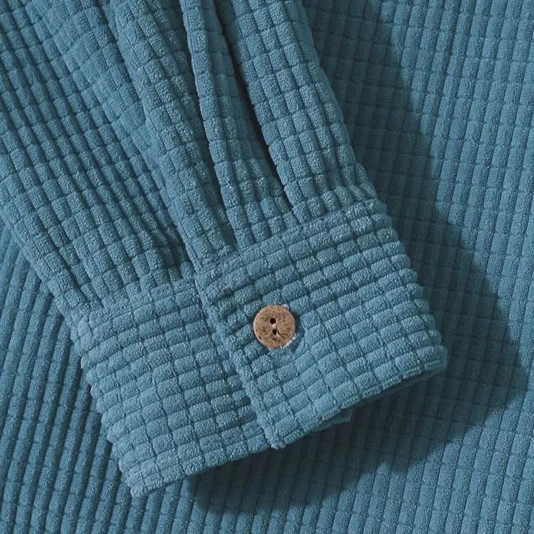 Ribbed Hoodie with Button Closure and Chest Pocket