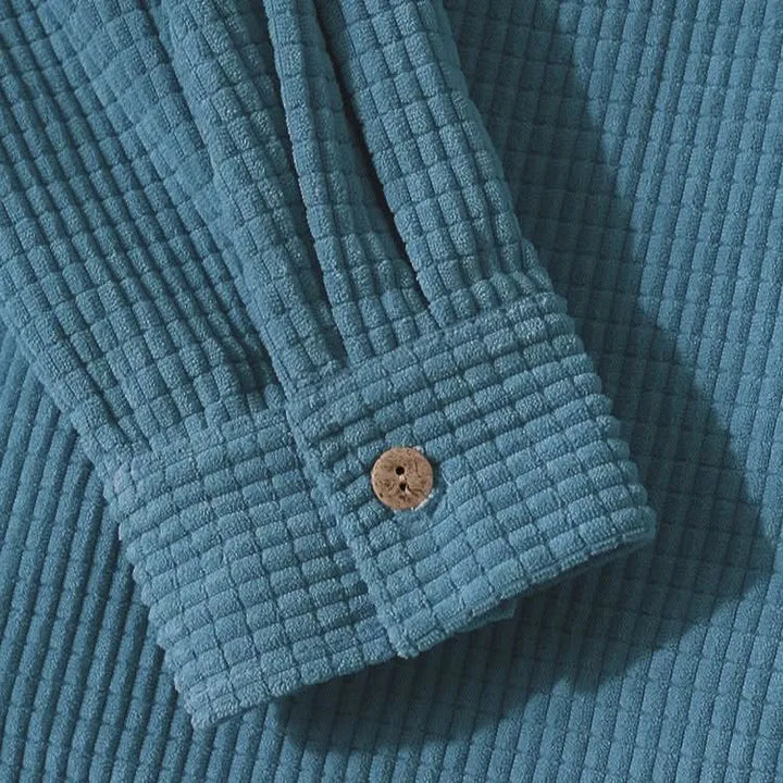 Ribbed Hoodie with Button Closure and Chest Pocket