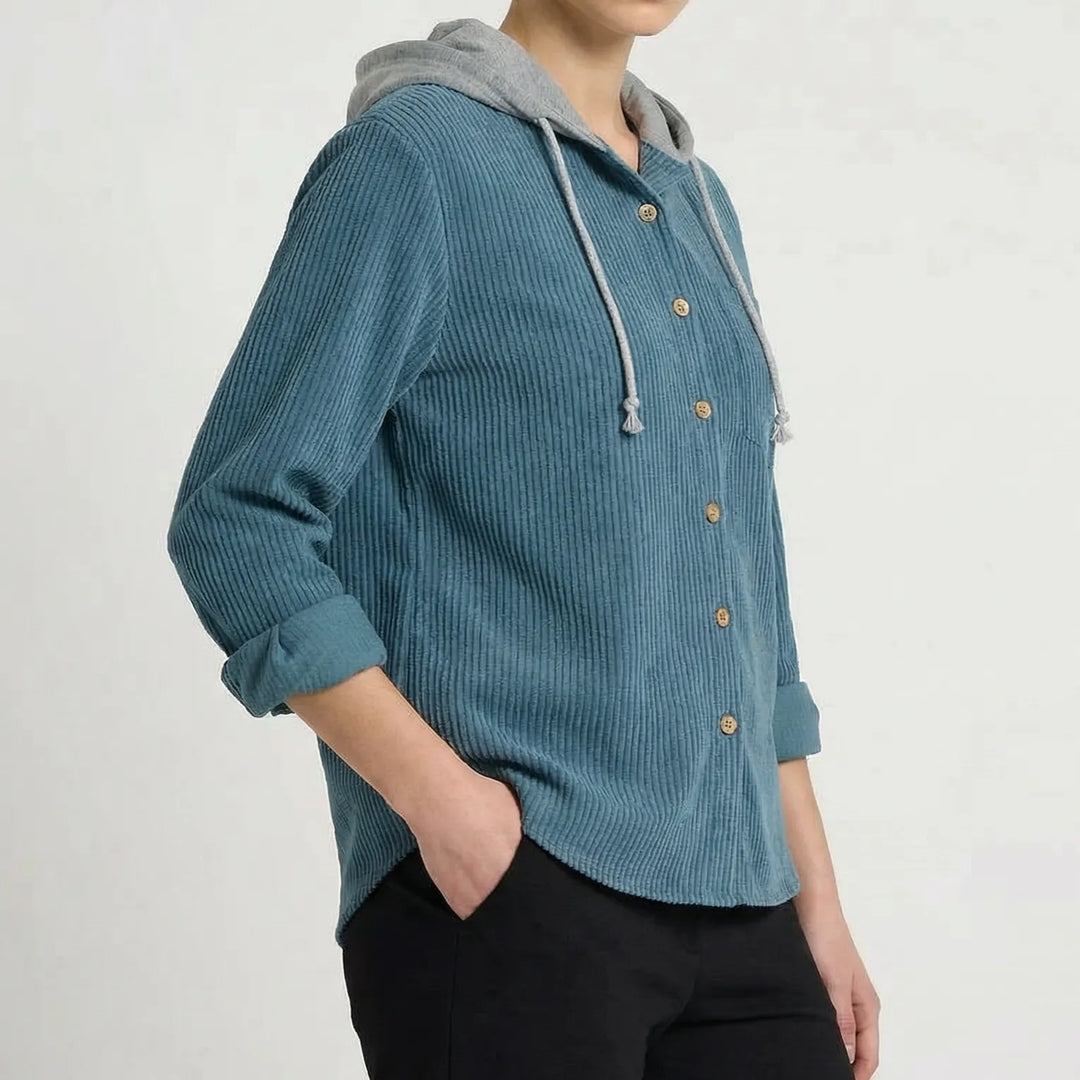 Ribbed Hoodie with Button Closure and Chest Pocket