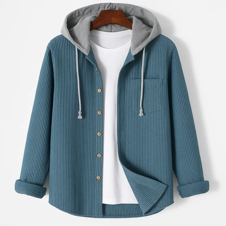 Ribbed Hoodie with Button Closure and Chest Pocket