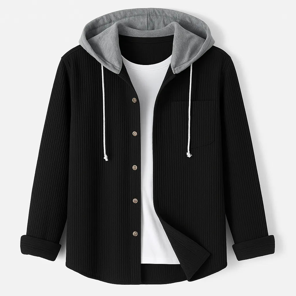 Ribbed Hoodie with Button Closure and Chest Pocket