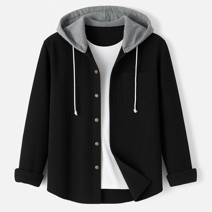 Ribbed Hoodie with Button Closure and Chest Pocket