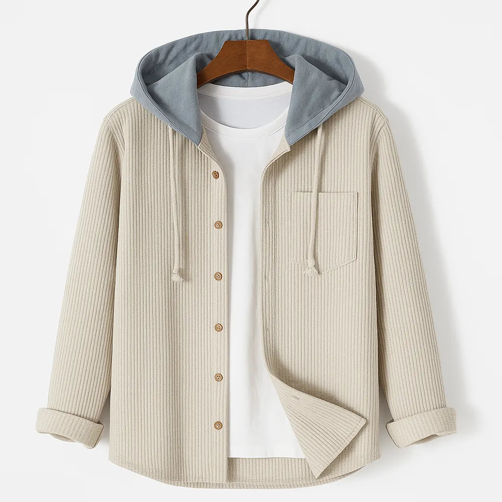 Ribbed Hoodie with Button Closure and Chest Pocket