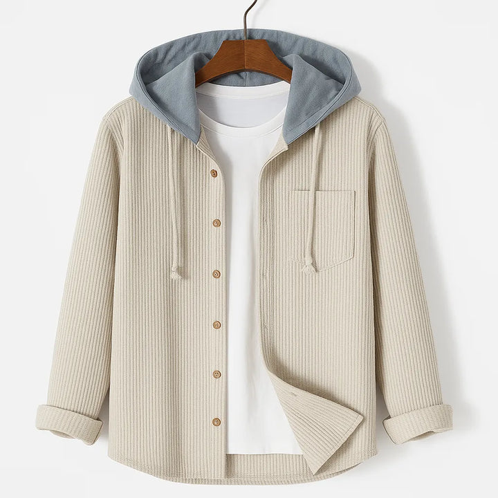 Ribbed Hoodie with Button Closure and Chest Pocket