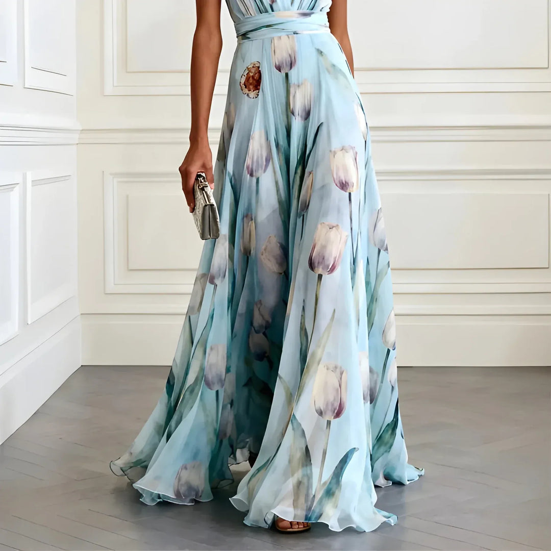 Women's Elegant Stunning Maxi Dress with Deep V Neckline and Tulip Print