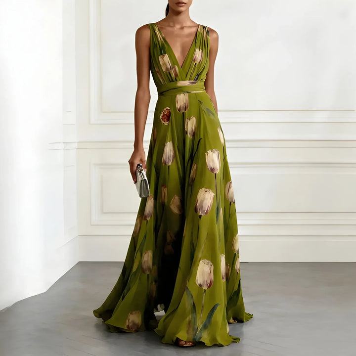 Women's Elegant Stunning Maxi Dress with Deep V Neckline and Tulip Print