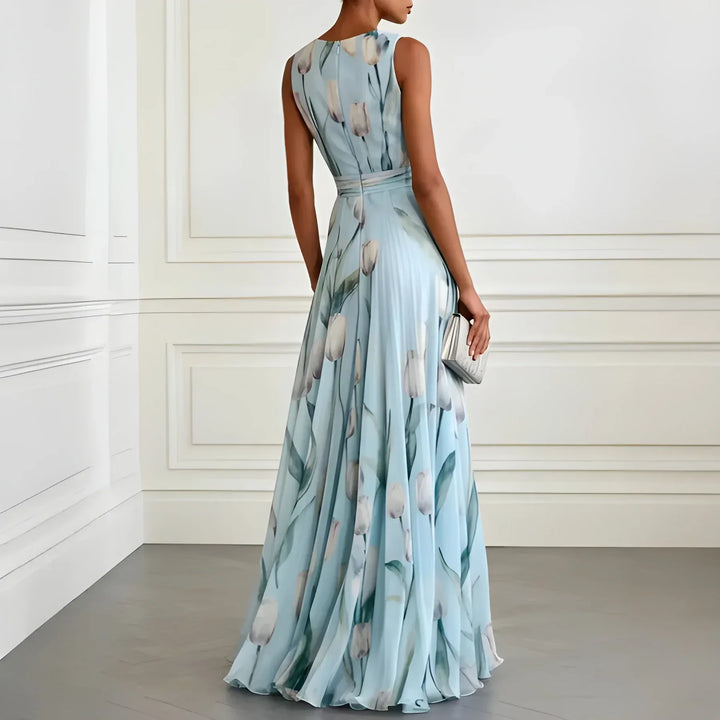 Women's Elegant Stunning Maxi Dress with Deep V Neckline and Tulip Print