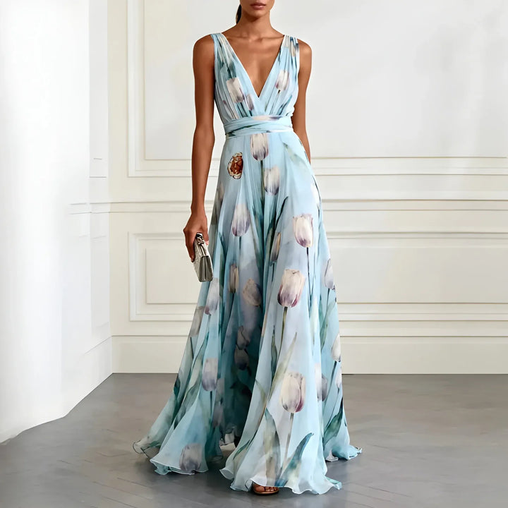 Women's Elegant Stunning Maxi Dress with Deep V Neckline and Tulip Print
