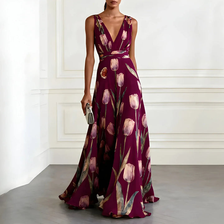 Women's Elegant Stunning Maxi Dress with Deep V Neckline and Tulip Print