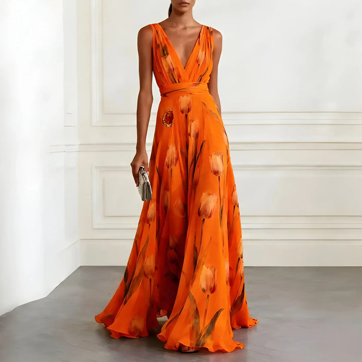 Women's Elegant Stunning Maxi Dress with Deep V Neckline and Tulip Print