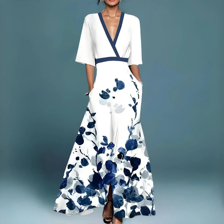 Women's Elegant Stunning Maxi Dress with Deep V Neckline and Floral Pattern