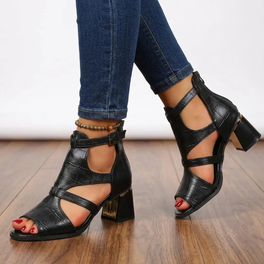 Women's Ankle Block Heel Sandals with Adjustable Strap and Back Zip