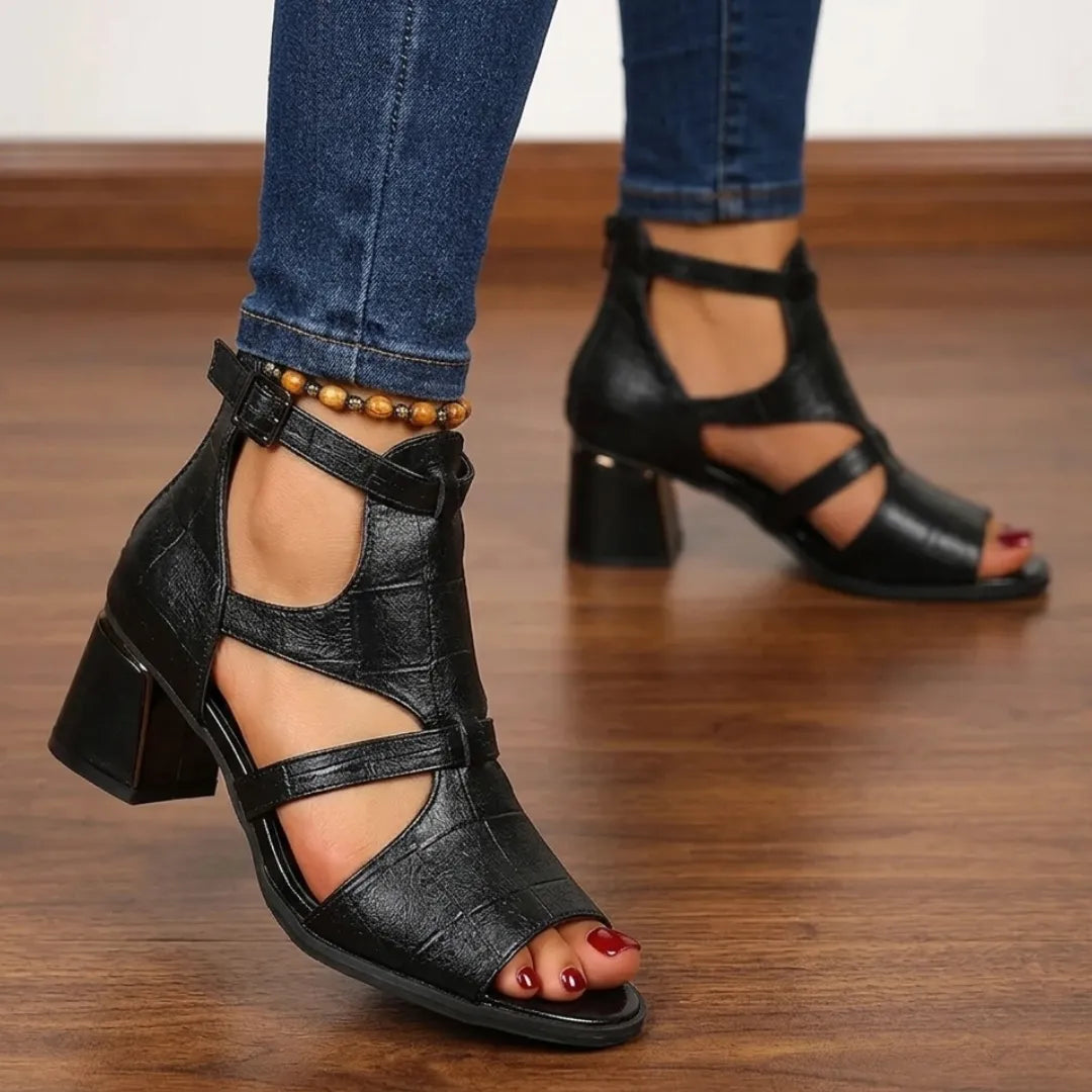 Women's Ankle Block Heel Sandals with Adjustable Strap and Back Zip