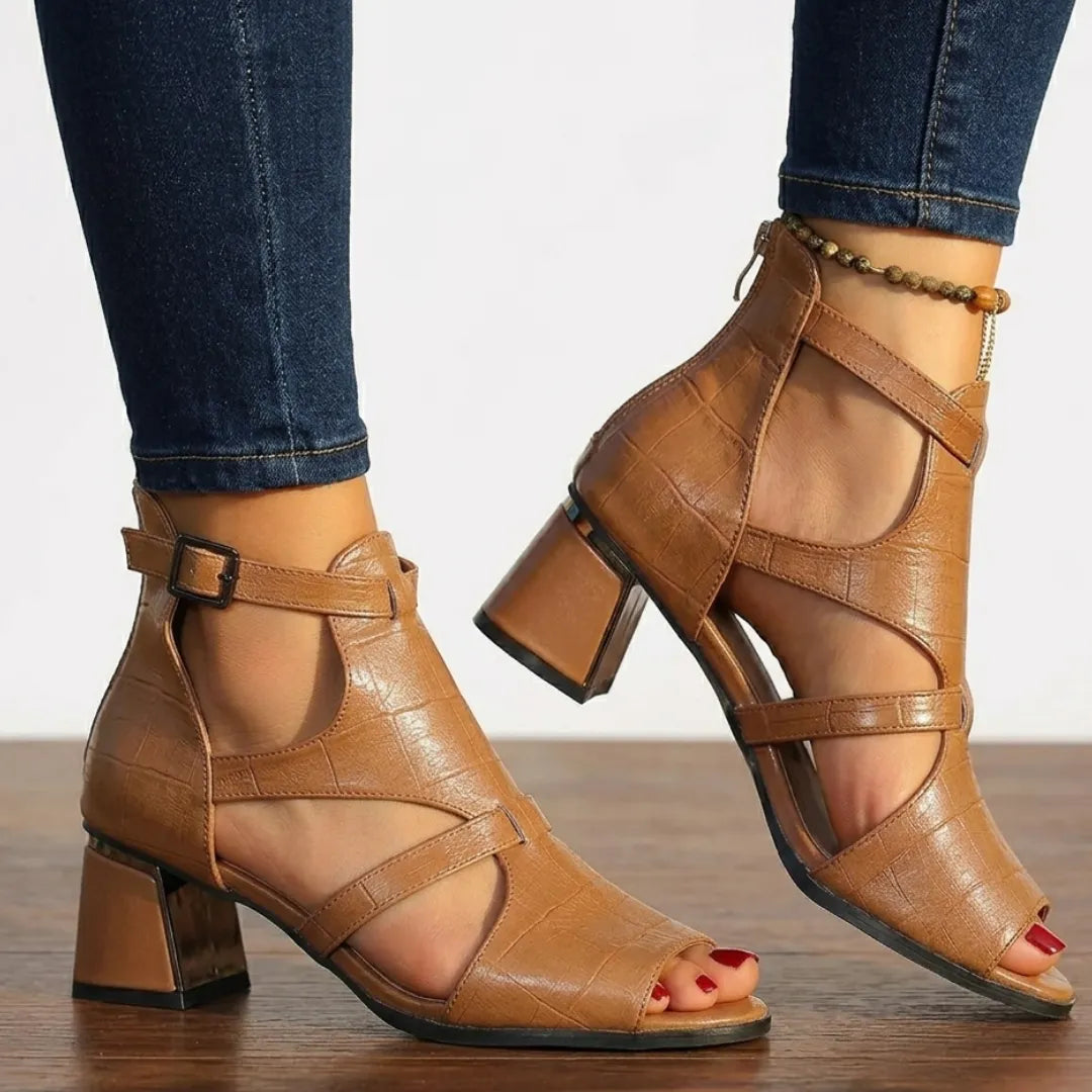 Women's Ankle Block Heel Sandals with Adjustable Strap and Back Zip