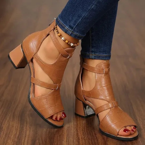 Women's Ankle Block Heel Sandals with Adjustable Strap and Back Zip
