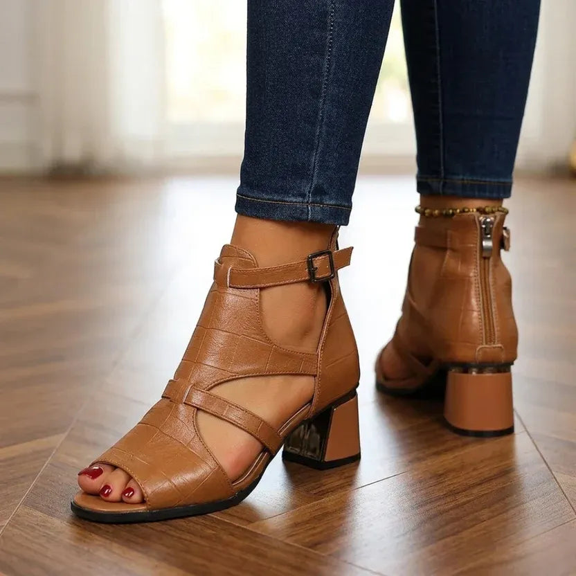 Women's Ankle Block Heel Sandals with Adjustable Strap and Back Zip