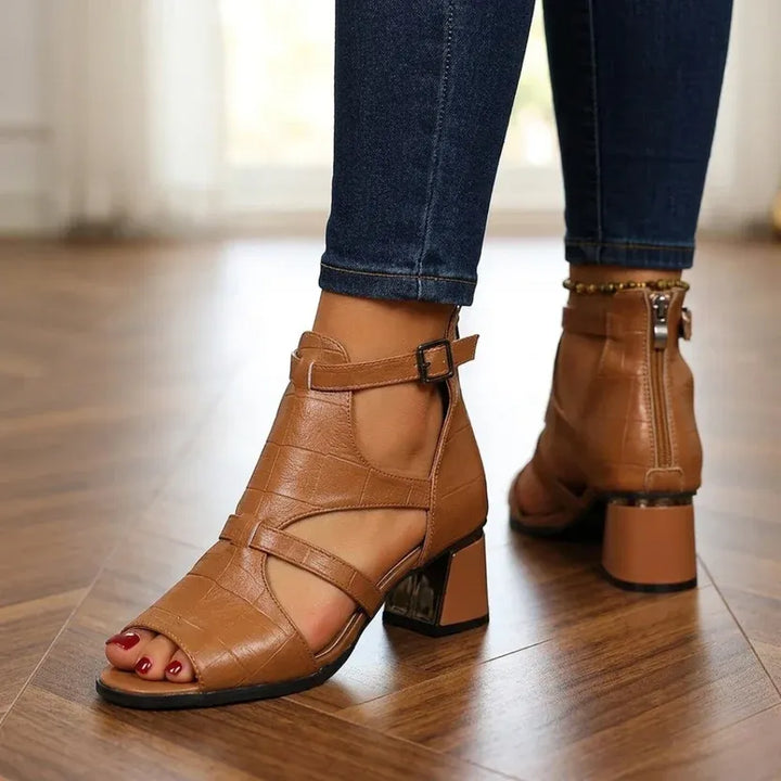 Women's Ankle Block Heel Sandals with Adjustable Strap and Back Zip