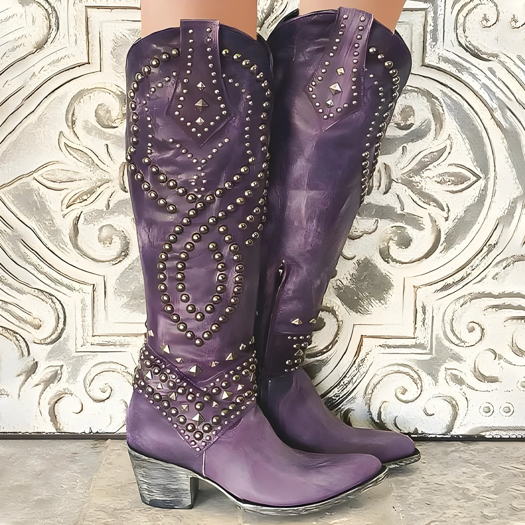 Women's Block Heel Cowboy Boots with Side Zip and Wide Calf