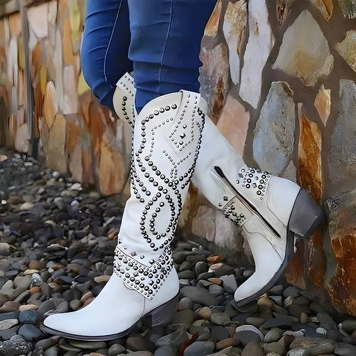 Women's Block Heel Cowboy Boots with Side Zip and Wide Calf