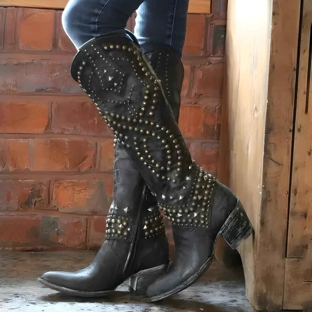 Women's Block Heel Cowboy Boots with Side Zip and Wide Calf