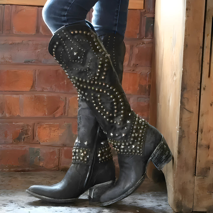 Women's Block Heel Cowboy Boots with Side Zip and Wide Calf