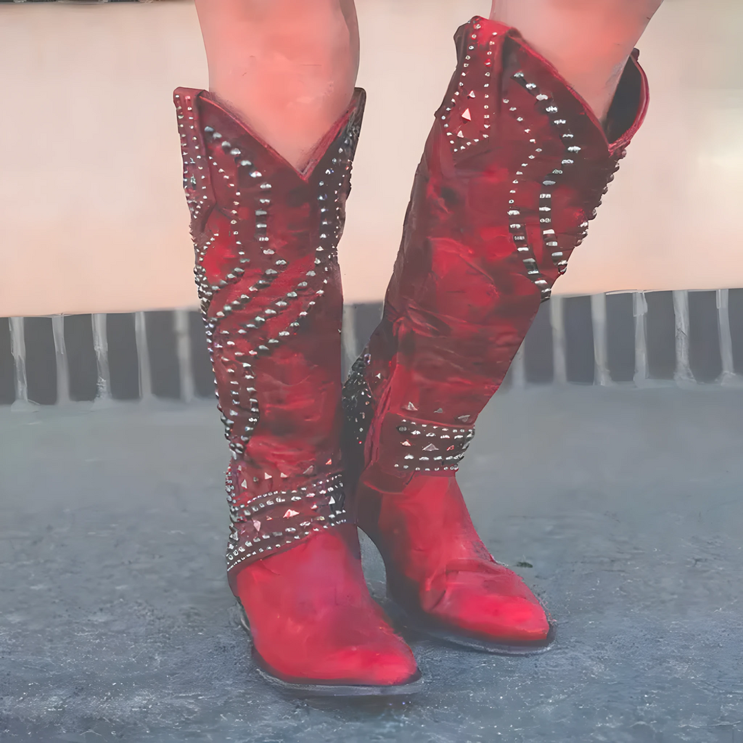 Women's Block Heel Cowboy Boots with Side Zip and Wide Calf