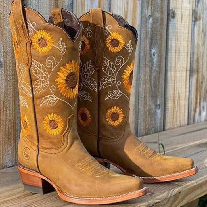 Women's Block Heel Cowboy Boots with Wide Calf and Cushioned Insole
