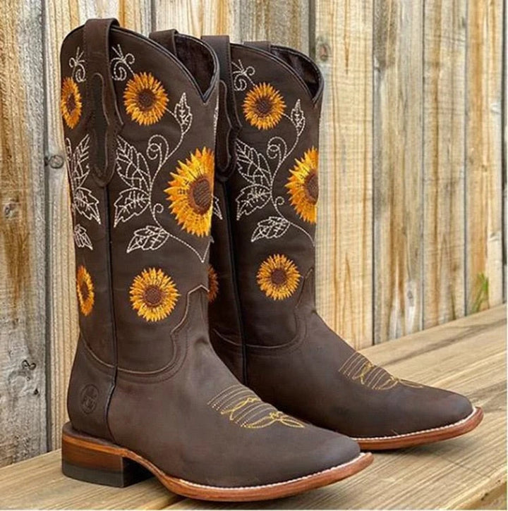 Women's Block Heel Cowboy Boots with Wide Calf and Cushioned Insole