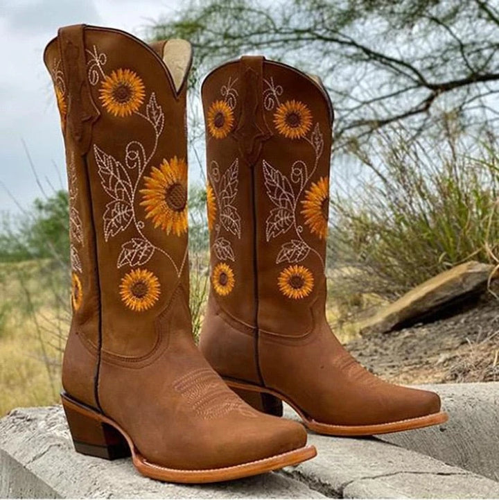 Women's Block Heel Cowboy Boots with Wide Calf and Cushioned Insole