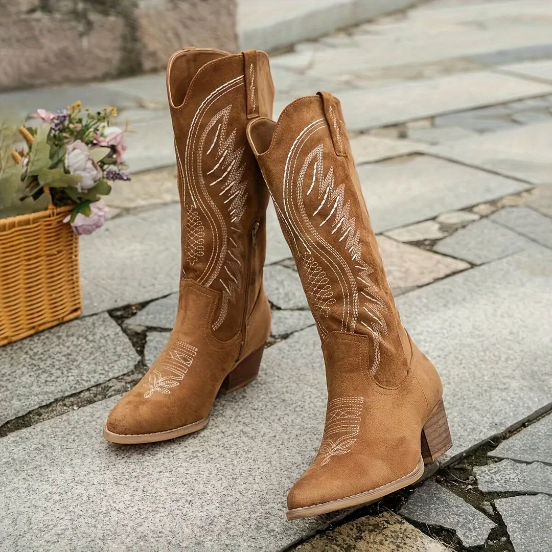Women's Block Heel Knee High Cowboy Boots with Side Zip