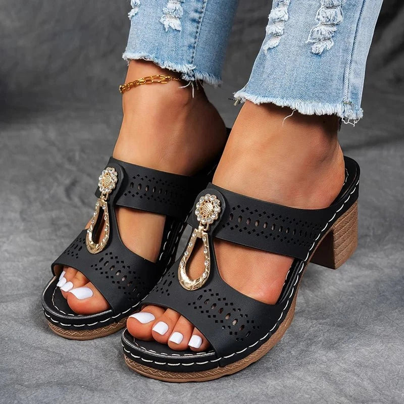 Women's Chunky Comfy Heeled Sandals with Cushioned Footbed