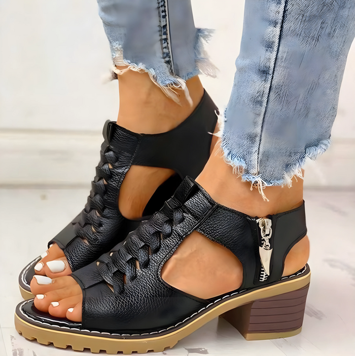 Women's Chunky Heeled Sandals with Side Zip