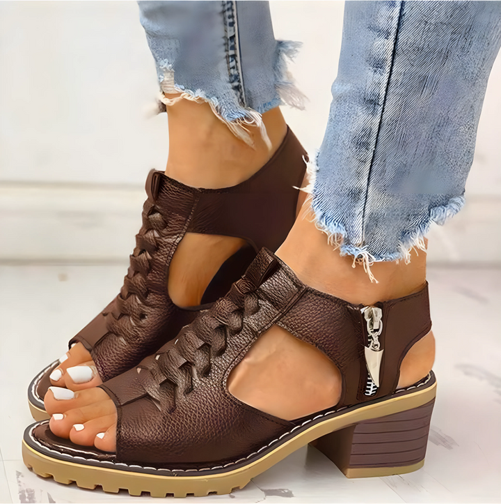 Women's Chunky Heeled Sandals with Side Zip