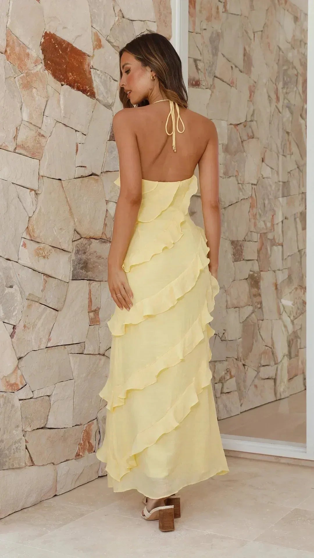 Women's Elegant Backless Maxi Dress with Ruffle Details