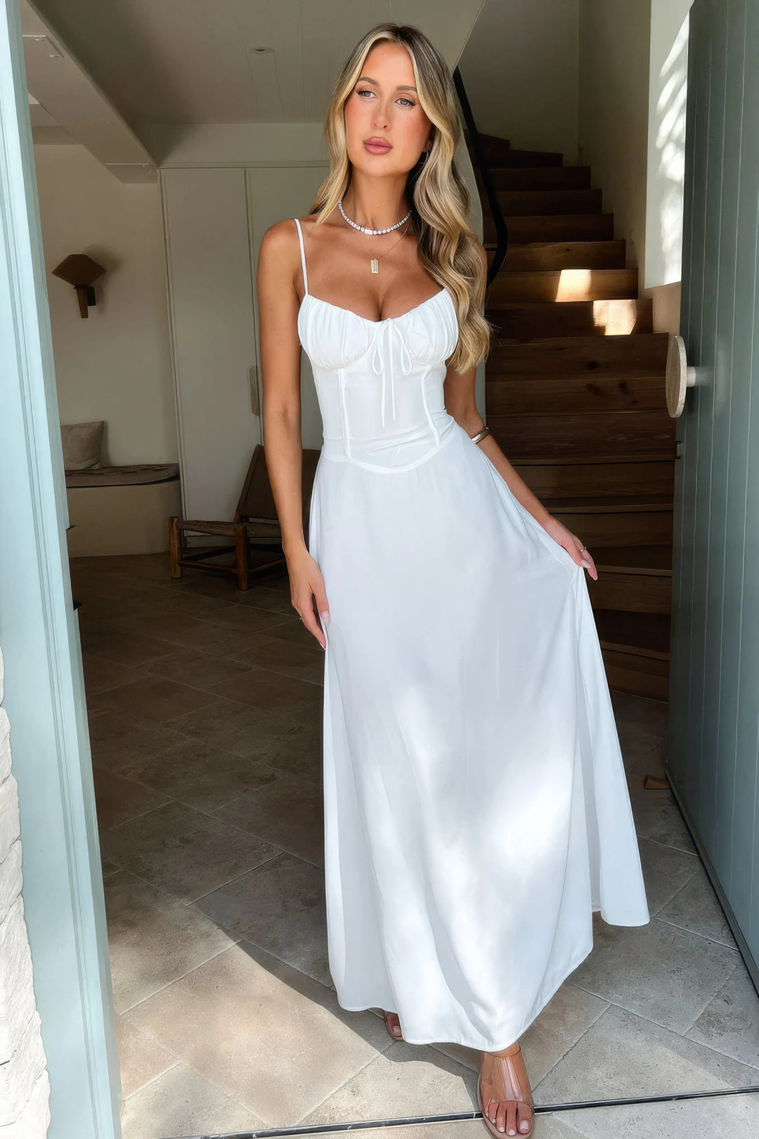 Women's Elegant Holiday Maxi Dress with Pleated Bodice