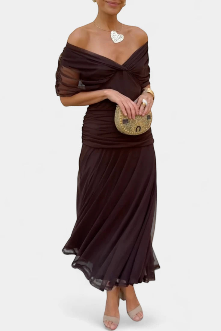 Women's Elegant Wedding Guest Maxi Dress with Off Shoulder