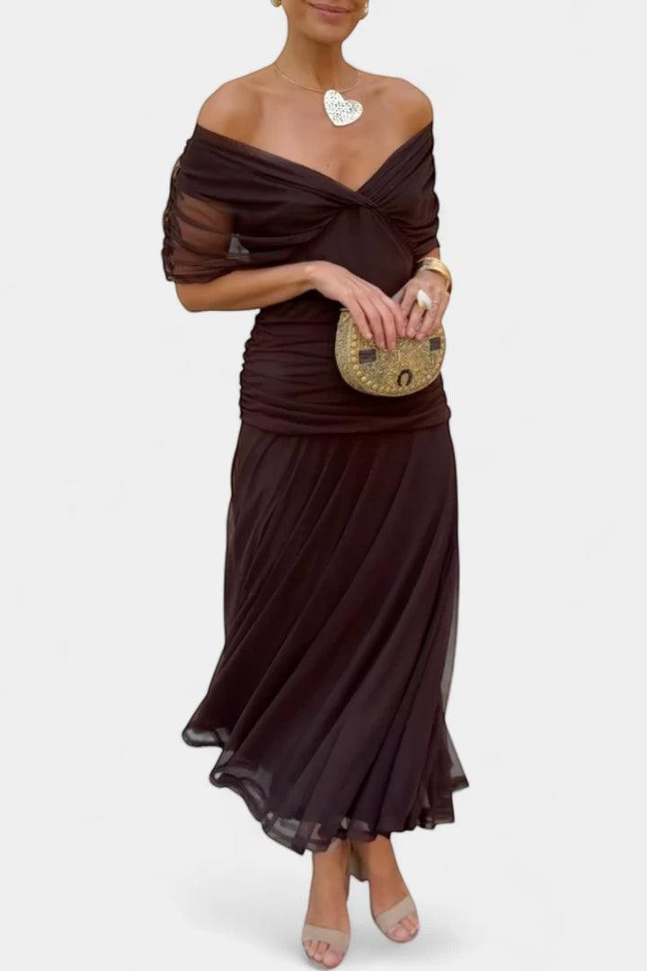 Women's Elegant Wedding Guest Maxi Dress with Off Shoulder