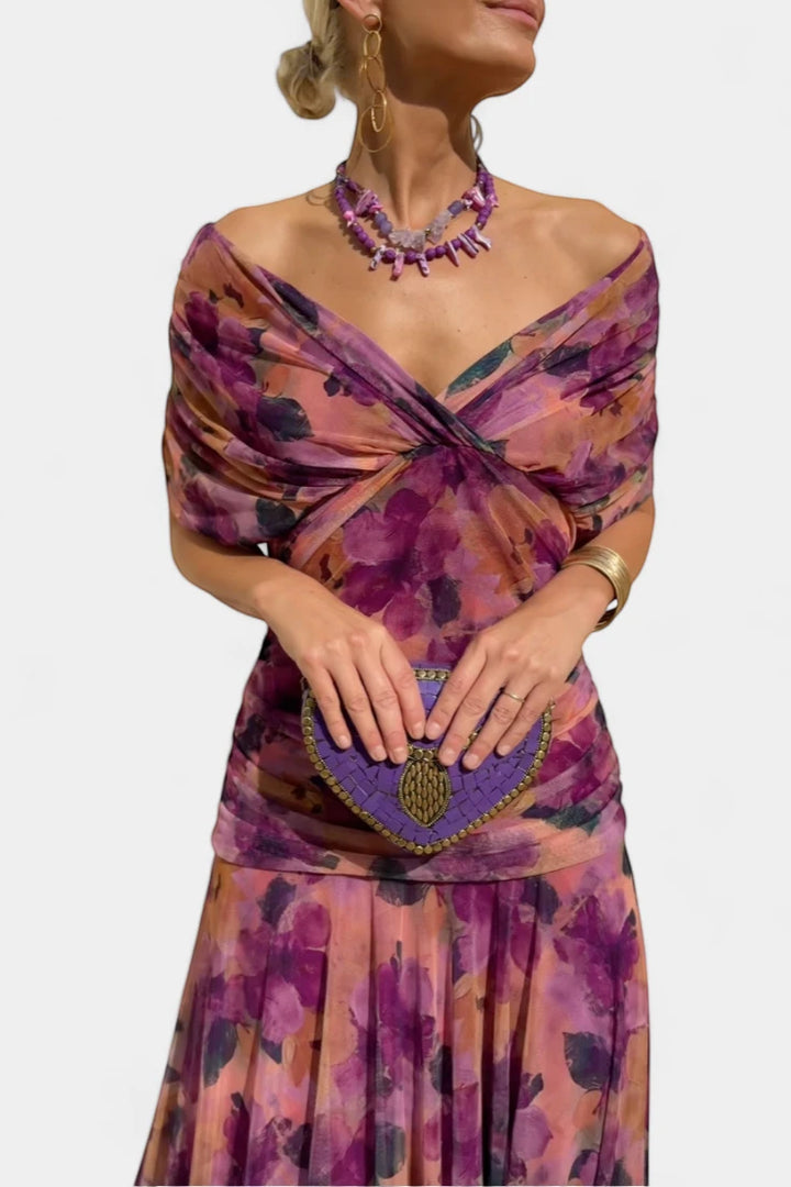 Women's Elegant Wedding Guest Maxi Dress with Off Shoulder