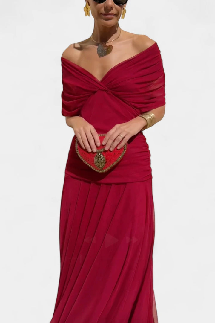 Women's Elegant Wedding Guest Maxi Dress with Off Shoulder